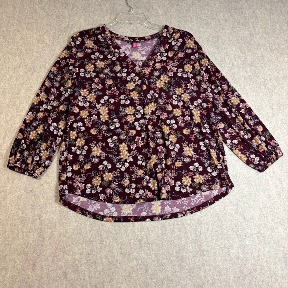 Vince Camuto Floral Blouse Wmns M Burgundy Polyester Boho V-Neck 3/4 Sleeve Top